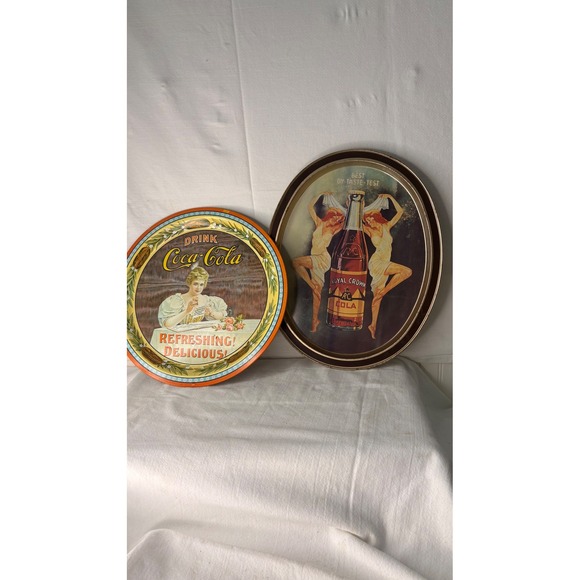 Vintage Coca-Cola 75th Anniversary & Royal Crown RC Cola Tin Serving Trays Set 2